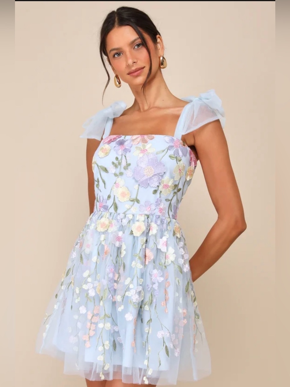 Lulu's Pastel Blue Floral Embroidered Mini Dress